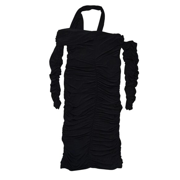 CLUB L LONDON ELODIE BLACK ASYMMETRIC BARDOT RUCHED MIDI DRESS - Picture 7 of 10